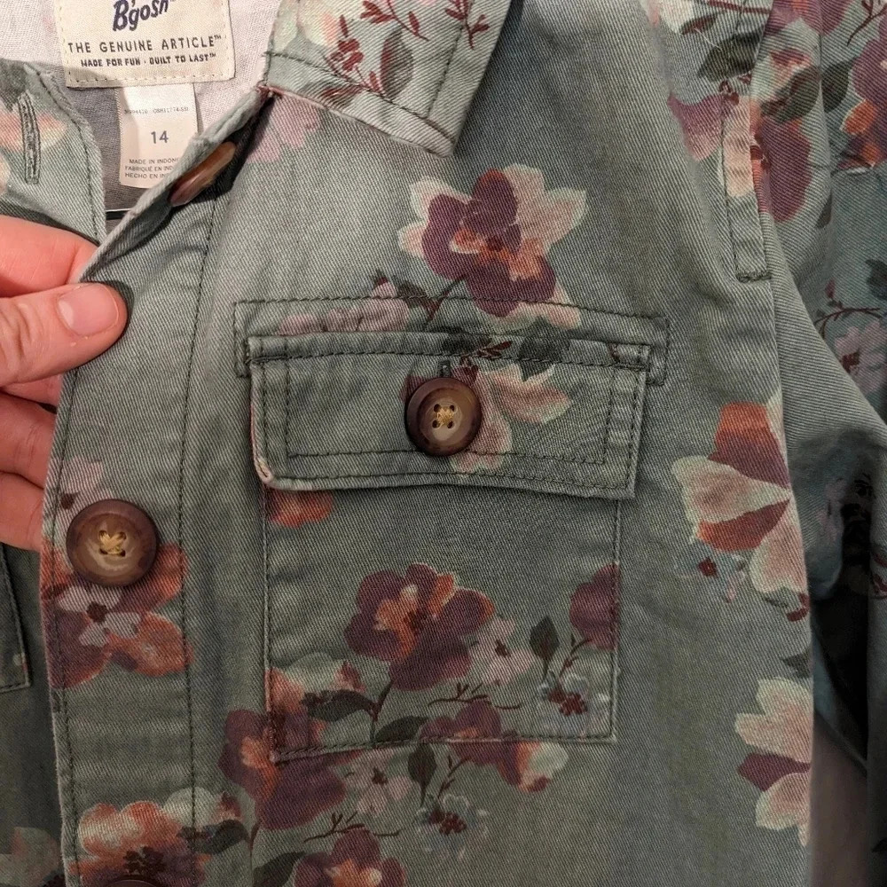 Oshkosh B'gosh green floral print denim jacket, girls size 14   G4 - Picture 3 of 6